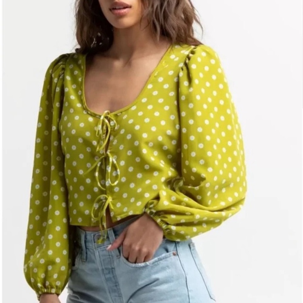 Levi’s Green Daisy Puff Sleeve Ribbon Tie Blouse Size Extra Large